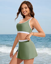 Sporty Color Block Side Slit Skirted Bikini Set